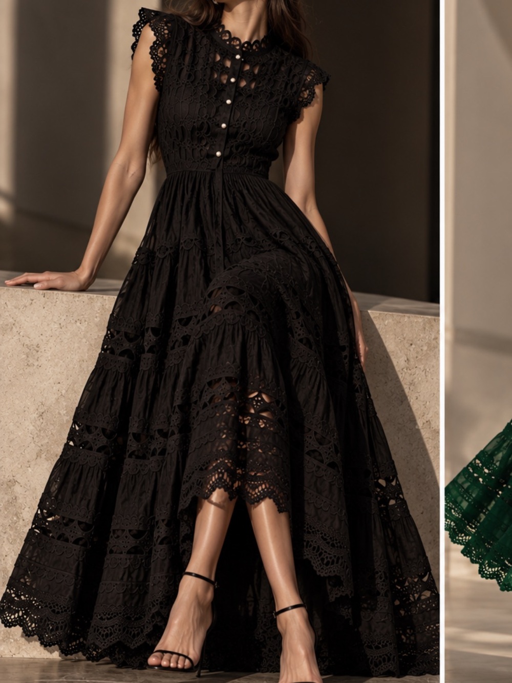 Black Crochet Lace Tiered Maxi Dress